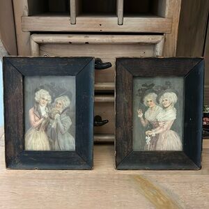 Set of 2 Vintage Victorian Framed Lady Portraits Wood Frames Under Glass